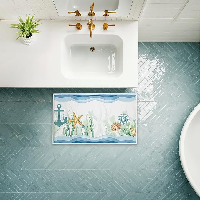 Stupell Industries Bayside Sea Life & Waves Plush Bathroom Mat & Bath Rug, Soft Quick-Dry Non-Slip Bathroom Rug with Recycled Foam Cushion, Coastal Ocean Marine Life Design by Kim Allen, 18"x30"