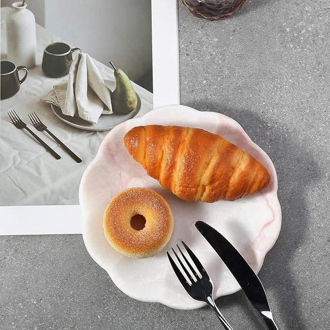 Koville Marble Tray, 8" Round Marble Vanity Tray for Jewelry Trinket Perfume, Natural Stone Tray for Bathroom Kitchen Dresser Countertop, Scalloped Decorative Tray for Home Table Decor(White&Pink)