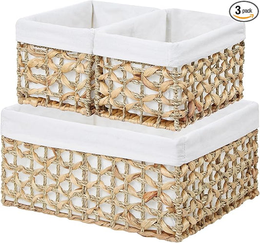 Vagusicc Wicker Basket, Set of 3 Hand-woven Water Hyacinth Storage Baskets for Organizing, Large Wicker Storage Basket Bins with Handles, Small Toilet Paper Storage Baskets for Shelves & Decor