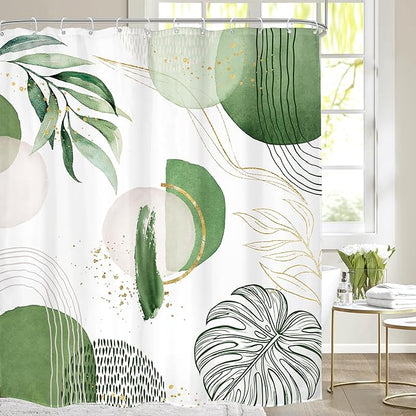 Extra Long Green Boho Shower Curtain 72Wx84H Mid Century Modern Abstract Palm Leaves Plant Tropical Gold Olive Geometric Bathroom Decor Minimalist Bath Curtain Fabric Polyester 12 Pack Hooks