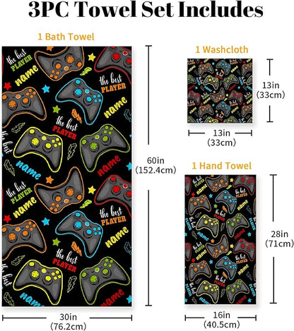 Custom Name Gaming 3 Piece Towel Bathroom Sets, 1 Bath Towel, 1 Washcloth, 1 Hand Towel, Cotton Fast Dry Soft Absorbent Towel Set for Home Kitchen Family