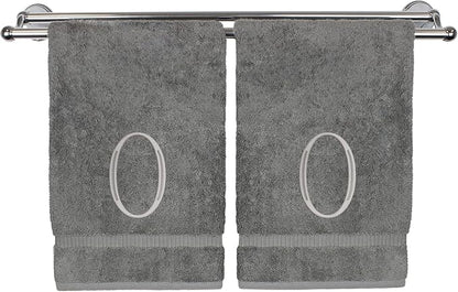 Monogrammed Hand Towel, Personalized Initial Gift, Extra Absorbent 100% Turkish Cotton - Soft Terry Finish - Set of 2 - Silver Block Initial O - Embroidered on Grey Towels