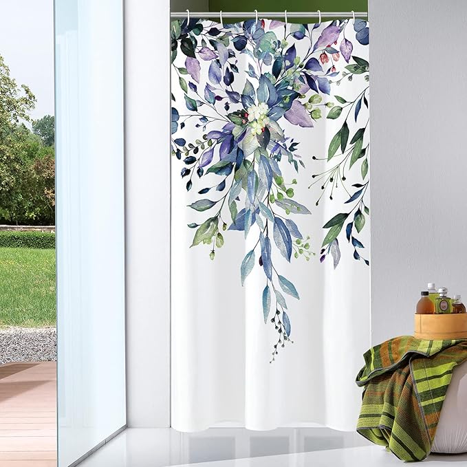 Gibelle Small Stall Shower Curtain 36 x 72, Narrow Green Eucalyptus Leaves Shower Curtain, Watercolor Floral Plant Bathroom Curtains Shower Set