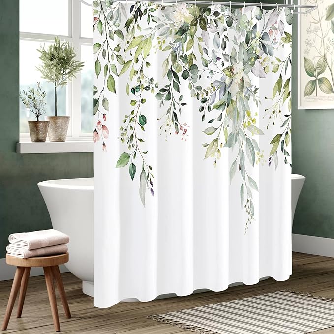 Gibelle Long Shower Curtain 72 x 78, Tall Sage Green Floral Fabric Shower Curtain, Watercolor Plant Eucalyptus Leaves Bathroom Curtains Shower Set