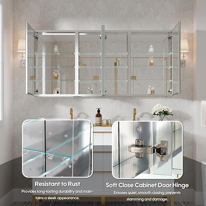 WELLFOR 64" x 30" Rectangle Medicine Cabinet Mirror, Surface Mount or Recessed Medicine Cabinet with Tempered Mirror, Anodized Chrome Aluminum Frame, Bathroom Mirror with Storage