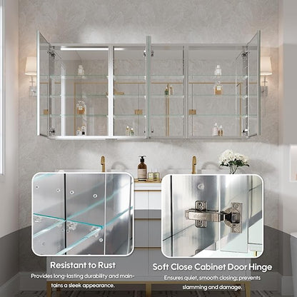 WELLFOR 64" x 30" Rectangle Medicine Cabinet Mirror, Surface Mount or Recessed Medicine Cabinet with Tempered Mirror, Anodized Chrome Aluminum Frame, Bathroom Mirror with Storage