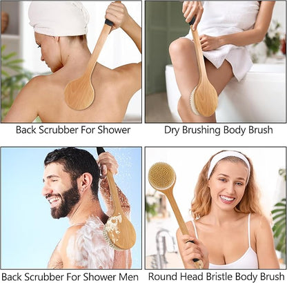 OWIIZI Round Head Back Scrub Brush for Body Shower, Wooden Long Handle Bristles Tub Soaping Bath Brushes, Skin Exfoliator Scrubber Brush for Men Women Elderly Wet or Dry Use