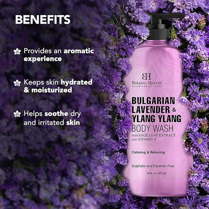 Botanic Hearth Bulgarian Lavender & Ylang Ylang Body Wash – Calming & Relaxing Shower Gel with Vitamin E & Sage Extract, Sulfate & Paraben Free – 16 fl oz