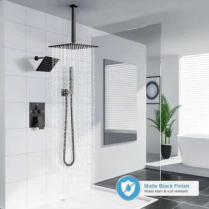 Shower Faucet Set Matte Black Shower System, Ceiling Mount 10 Inch Shower Head With Wall Mount 6 Inch Shower Head and 2 in 1 Handheld Spray, Push Button Diverter Shower Valve Trim Kit Complete