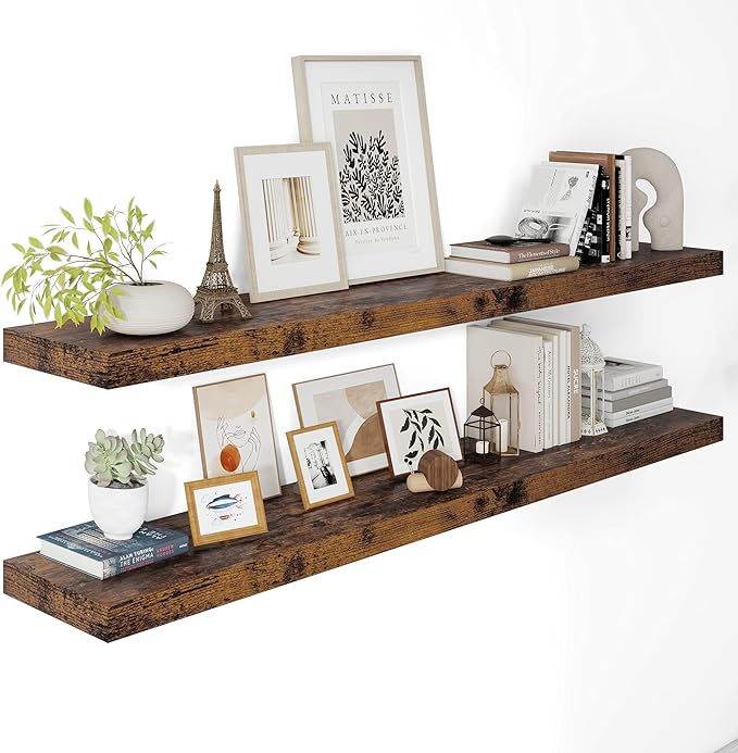 Vivelove 12" Deep Floating Shelves for Wall 55" Long, Wall Shelves for Living Room Bedroom Bathroom Kitchen Laundry Room, Farmhouse Rustic Shelves for Home Decor, 55" X 12" X 2" Set Of 2, Rustic Brown