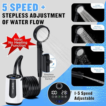 Portable Shower for Camping, [Upgraded] 10000mAh Rechargeable Camping Shower with 5 Adjustable Speeds,Premium LED Display, IPX8 Waterproof Outdoor Shower Kit for Hiking, Car, Pet, Travel