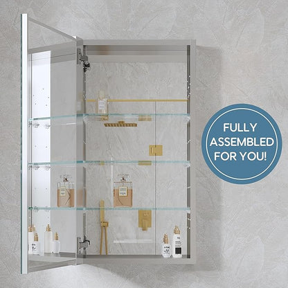 WELLFOR 16" x 30" Bathroom Medicine Cabinet, Anodized Chrome Aluminum Frame, Medicine Cabinet with Adjustable Glass Shelves, Bathroom Cabinet with Reverse Door Installation, Surface or Recessed Mount