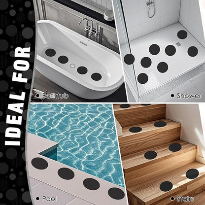 S&X 24 Pcs Anti Slip Shower Stickers (Large 4" Round), Modern Black Non Slip Bathtub Stickers, High Traction Grit Safety Dots for Tub Floor, Waterproof with Scraper