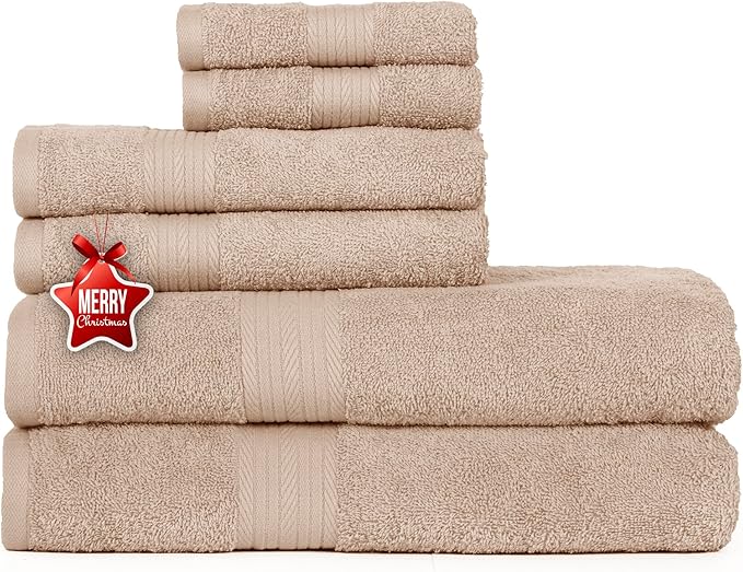 Ample Decor 100% Cotton 6 Piece Bathroom Towels Set, 2 Bath Towels, 2 Hand Towels, 2 Washcloths, Quick Drying - Beige Towel Sets