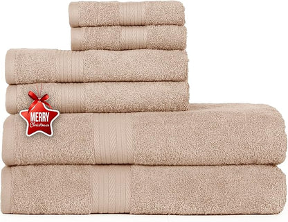 Ample Decor 100% Cotton 6 Piece Bathroom Towels Set, 2 Bath Towels, 2 Hand Towels, 2 Washcloths, Quick Drying - Beige Towel Sets