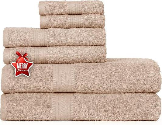 Ample Decor 100% Cotton 6 Piece Bathroom Towels Set, 2 Bath Towels, 2 Hand Towels, 2 Washcloths, Quick Drying - Beige Towel Sets