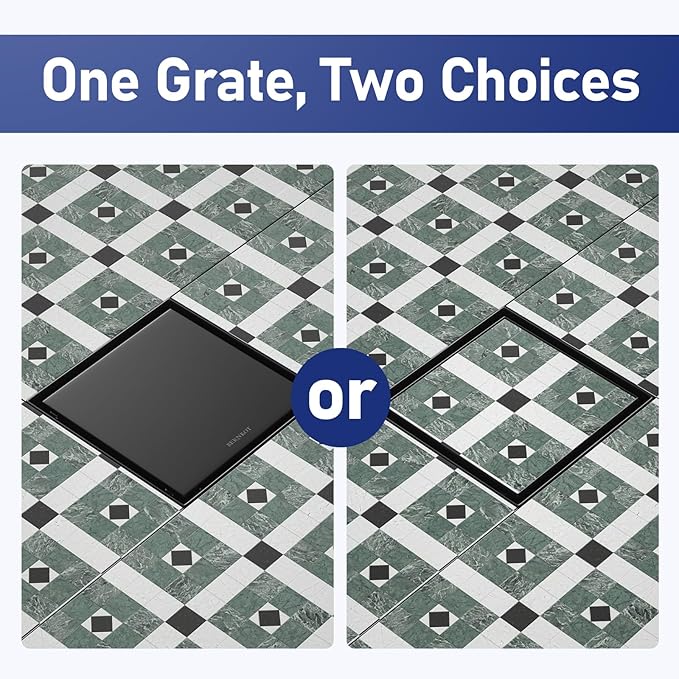 Square Shower Drain 8", Matte Black Floor Drain with Tiled Insert Grate & Hair Strainer, 304 Stainless Steel Bathroom 2-in-1 Tiled in Drain, CUPC Certified (Matte Black, 8'')