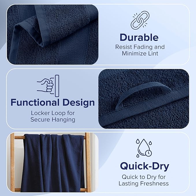 Comfort Spaces Turkish Bath Towel Set of 4 Piece 27x54 Medium 100% Cotton Towels Highly Absorbent Soft Quick Dry Shower for Bathroom Spa Navy Blue