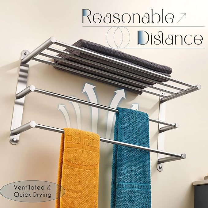KOKOSIRI 3 Tier Bath Towel Bar 24 Inch Wall Mounting Rack with Towel Bars Towel Shelf with Single Towel Bar Bathroom Ladder, Brushed Steel, B5003BR