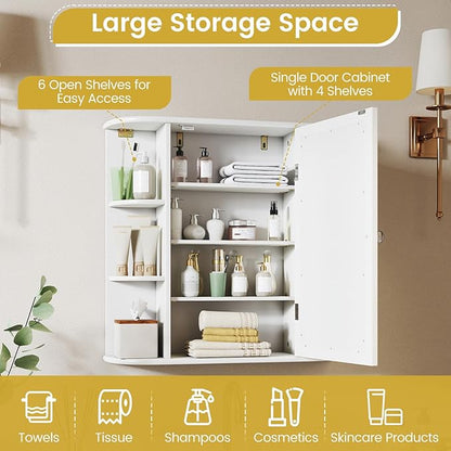 RELAX4LIFE Bathroom Wall Cabinet with Mirror - Medicine Cabinet w/Door & Open Shelves, Over The Toilet Storage Cabinet Organizer, Mirrored Bathroom Cabinet Wall Mount (White)