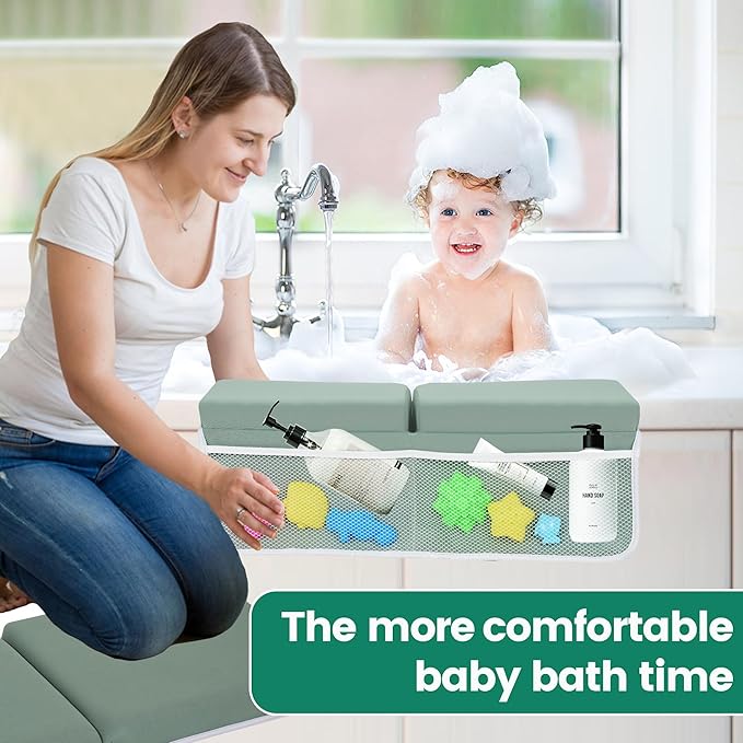 Comfortable Baby Bath Kneeler and Elbow Rest Pad Set, Thick Memory Foam Bath Kneeling Pad with Elbow Support, Baby Bathtub Cushion with Toy Organizer, Non-Slip for Infant or Toddler Bathing