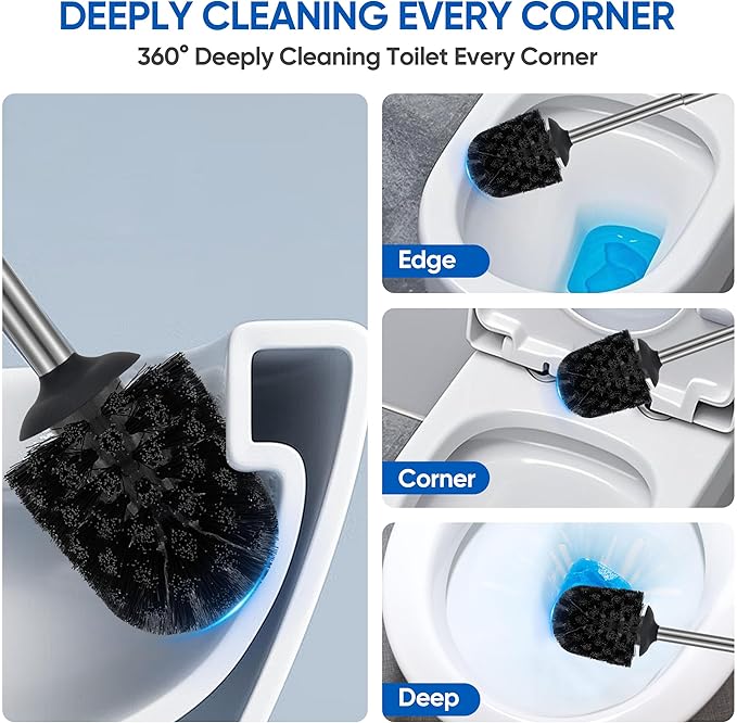 Toilet Brush and Holder Set Stain Nickle Stainless Steel 12In Handle BristlesToilet Bowl Brush Cepillo para Baños Bathroom Brushes Cleaning Brush with Case Anti-Rust Brushed Silver