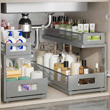 2 Pack 18.5IN-Depth Under Sink Organizer With Next-Gen Ball-Bearing Slides,2-Tier Pull Out Cabinet Storage,Height Adjustable Drawer Shelf for Bathroom,Kitchen,Laundry,Cabinet,Pantry-Gun Gray