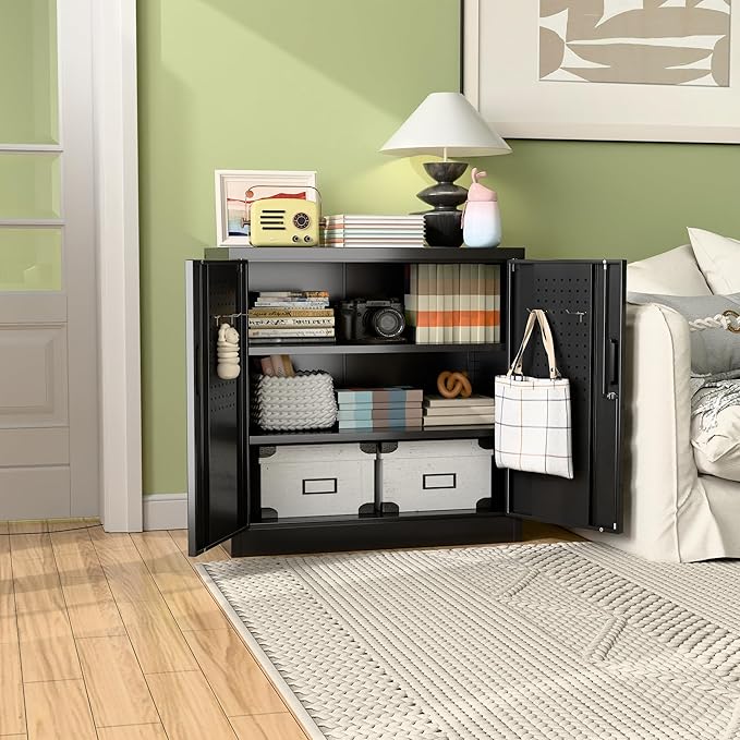 Aobabo 31.5" H Metal Storage Cabinet with 2 Shelves, Garage Storage Cabinet with Lock and 4 Hooks for Home Office Garage, Black, Assembly Required
