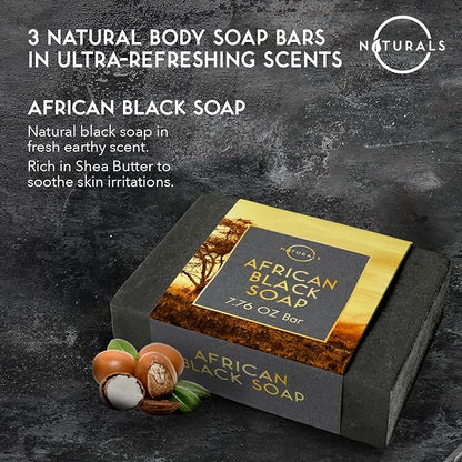 O Naturals Bar Soap for Men - 3-Pcs Mens Soap Bar - Natural Soap - Mens Soap - Body Men Soap Bars - Natural Soap for Men - Organic Men's Soap Bars - Exfoliating Bar Soap - African Black,Cedarwood,Mint