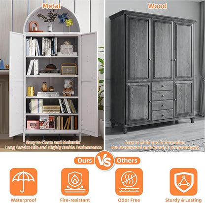 Farmhouse Kitchen Pantry Cabinet, 73in Tall Arched Storage Cabinet with Doors and Shelves, White Freestanding Cupboard for Laundry, Dining Room, Living Room, Bathroom