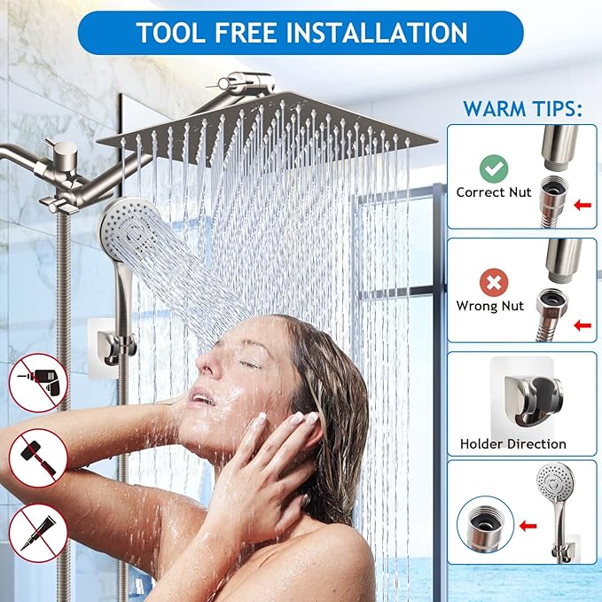 (Brushed Nickel),12'' High Pressure Rain Shower Head with 11'' Adjustable Extension Arm and 5 Settings Handheld Shower Head Combo,Powerful Shower Spray Against Low Pressure Water