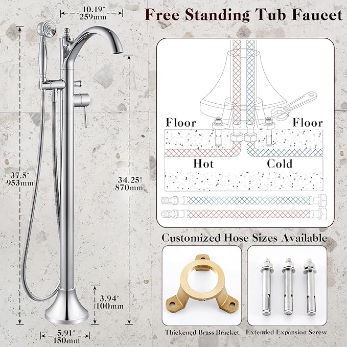 Free Standing Tub Faucet, Classic Freestanding Bathtub Faucet with Vintage Hand Shower Brass High Flow Rate Floor Mount Tub Filler Swivel Spout Soaker Tub Faucets Polished Chrome (WT-9002CP)