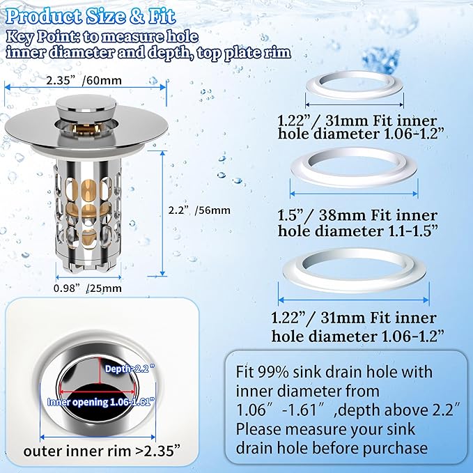 Pop up Bathroom Sink Drain Strainer,Universal Sink Stopper Bathroom Drain with Filter Basket,Bathroom Sink Stopper Hair Catcher for 1.06"~1.61" Drain Hole 2 PCS(Silver Chrome)