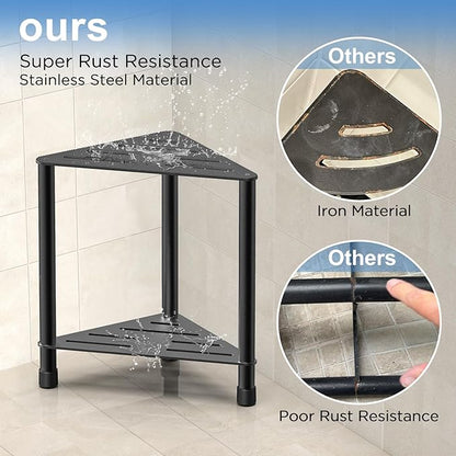 Stainless Steel Black Shower Stool for Inside Shower, 15.4'' H Shower Foot Rest, Corner Shower Stool with Storage Shelf, Shower Step for Shaving Legs, Bathroom Corner Shower Bench