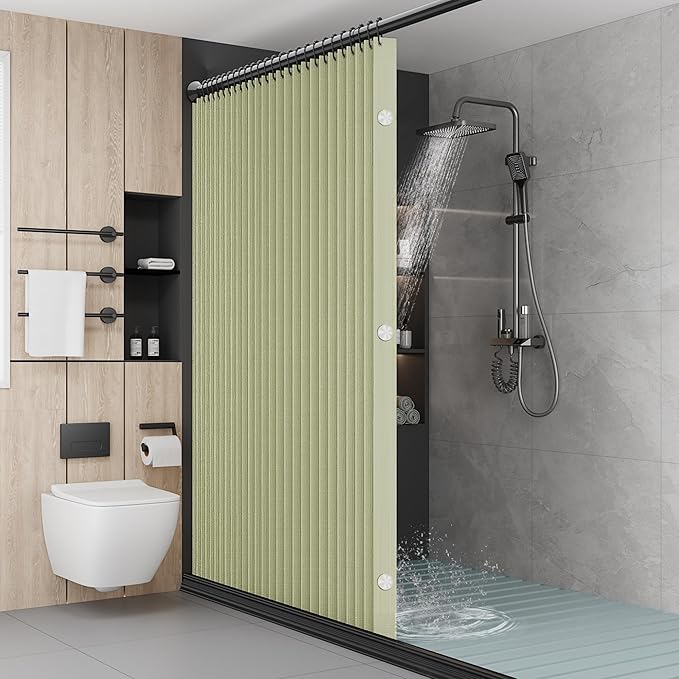 Bathroom Magnetic Folding Shower Curtain, Accordion-Style Shower Curtain, Suitable for Shower Rooms, bathtubs, Hotels or Apartments (Green, W:70*H79.5Inch)