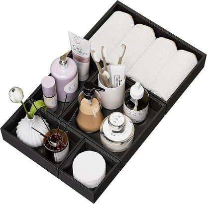 Bamboo Drawer Organizer Set, 5 PCS Multi-use Varied Sizes Junk Drawer Organizer Kitchen Storage Box for Office, Home, Bedroom, Bathroom, Black