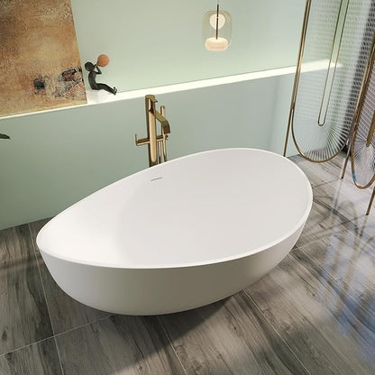 71" Premium Solid Surface Freestanding Bathtub, Unique Oval Stone Resin Tub with Overflow and Pop-up Drain, Matte White