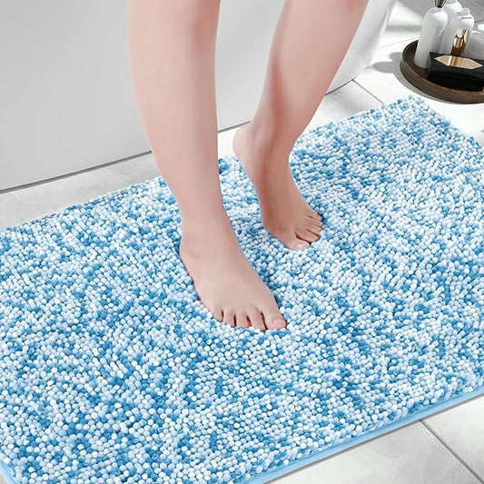 Yimobra Luxury Bathroom Rugs, 47x24, Extra Soft Chenille Mats for Bathroom Non Slip, Fluffy Long Matts for Tub, Plush Shaggy Carpet Runner, Water Absorbent, Machine Washable, Blue & Light Blue