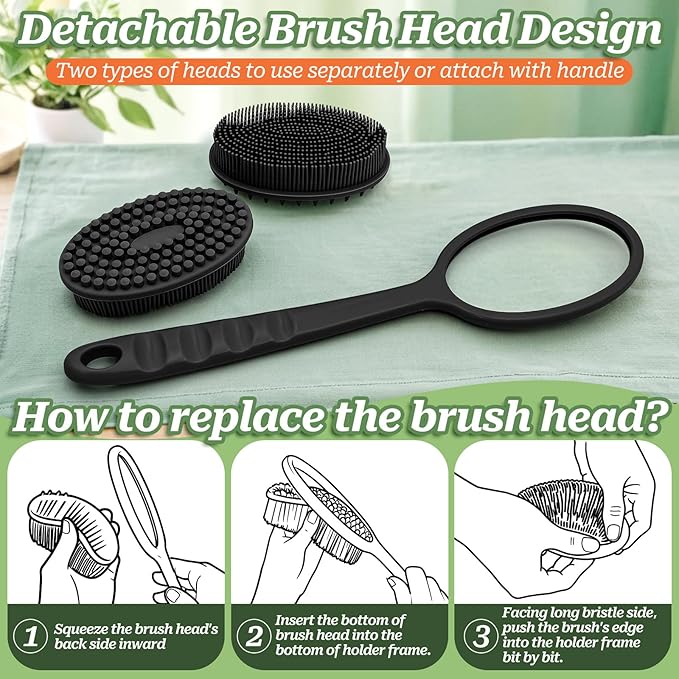 Soft Silicone Body Scrubber 2PCS, Dual-Side Silicone Loofah for Shower, Gentle Loofa Alternative, Replaceable Brush Head to be Used Alone or with Long Handle (Bluex2)