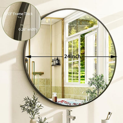 24 Inch Round Bathroom Mirror - Black Wall Mounted Circle Mirror with Metal Frame, Modern Round Hanging Mirror Suitable for Bathroom, Vanity, Entryway, Living Room