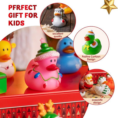 JOYIN 24 Pcs Christmas Ducks Bath Toys, Assorted Cute Rubber Duckies Bulk for Christmas Party Favors, Mini Ducky Baby Bathtub Shower Pool Toys for Kids, Xmas Table Dcorations Stocking Stuffers Gifts