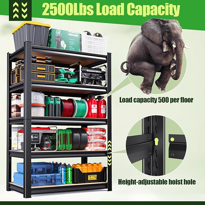 72" H Garage Shelving,Heavy Duty Garage Storage Shelves,Metal Shelving Unit,5 Tier Adjustable Steel Utility Shelf,Use for Basement,Warehouse, Pantry Closet,Black (72" H*35.4" W*15.9" D)