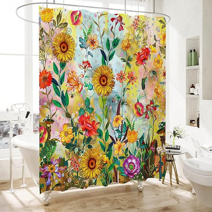 Bohemian Shower Curtain, Boho Floral Print Water Repellent Polyester Fabric for Bathroom Decor, 72×72 Inch Standard Size with 12 Hooks, Also as Room Divider