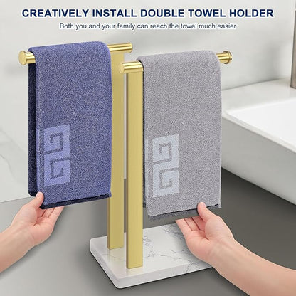 NearMoon Hand Towel Holder with Balanced Marble Base, SUS304 Stainless Steel Stand Towel Ring L Shape Hand Towel Rack Free-Standing Towel Bar for Bathroom Kitchen Countertop (Double Rod, Brushed Gold)