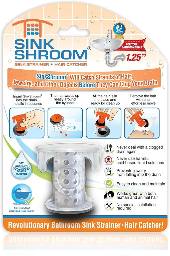 SinkShroom SSCLE988 The Revolutionary Sink Drain Protector Hair Catcher/Strainer/Snare, Clear