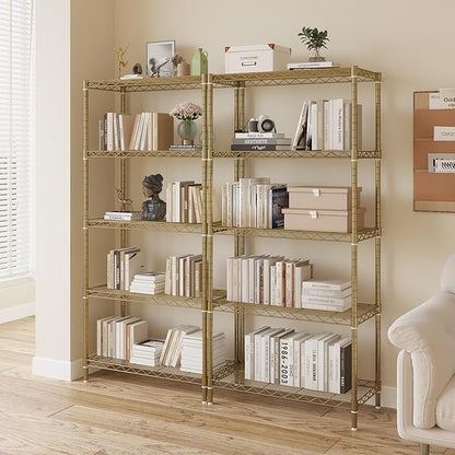 5 Tier Storage Racks Shelving, Heavy Steel Pantry Shelves, Adjustable Wire Shelving Rack, Suitable for Garage, Kitchen, Bathroom, Office, 29" W x 13.4" D x 59" H, Golden