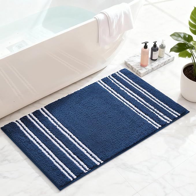 Kmson Bathroom Rugs Mat, 36"x24" Ultra Soft Washable Shaggy Chenille Bath Rugs, Non-Slip Fluffy Thick Water Absorbent Microfiber Mat for Bathtub, Sink and Shower, Navy Blue