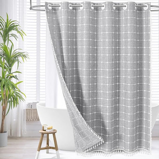 MitoVilla No Hooks Needed Boho Farmhouse Shower Curtain with Snap-in Liner, Cotton Linen Fabric Shower Curtains with Tassels for Rustic Neutral Bathroom Decor, Grey, 72 x 74