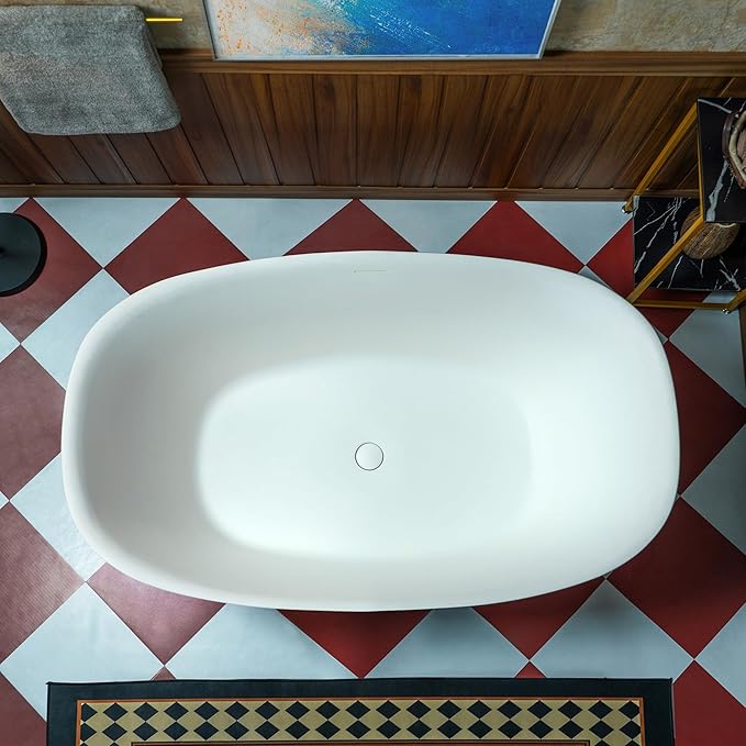 WOODBRIDGE 55 in. x 31.5 in. Stone Resin Luxury Contemporary Solid Surface Freestanding Bathtub in Matte White