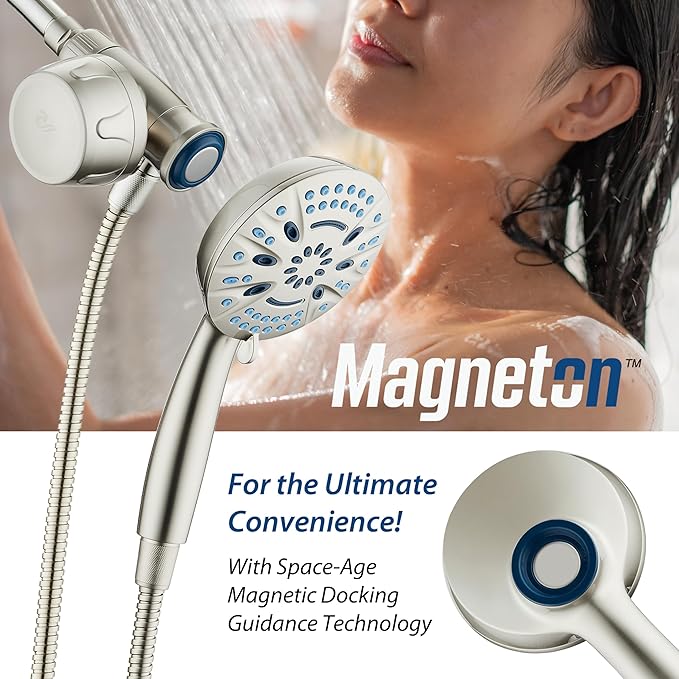AquaCare Magneton 8-setting Magnetic Docking Hand Shower with Built-in Shower Filter - ON/OFF Filtration Modes, Instant Cartridge Reload, Stay-Clean KDF Cartridge, 6 ft. Steel Hose, Satin Nickel